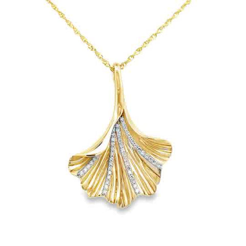 Yellow 14 Karat Fan Pendant Length 18 With = 0.20Tw Round G/H Si1 Diamonds