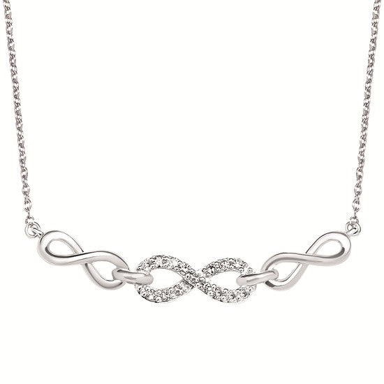White Sterling Silver Stationary Infinity Pendant Length 18 With 15 0.10Tw Round H/I Si2 Diamonds 

Style: Link
Metal: Sterling Silver
Color: White
Finish: Polished