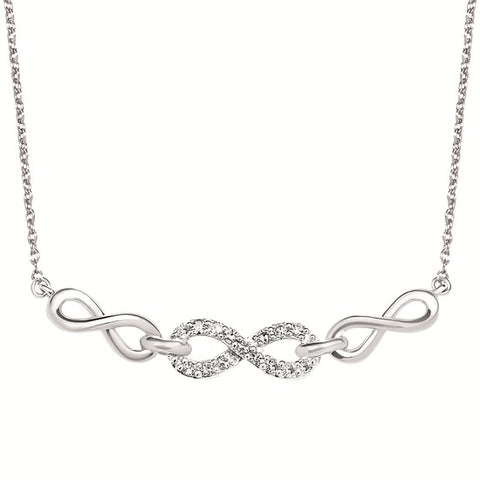 White Sterling Silver Stationary Infinity Pendant Length 18 With 15 0.10Tw Round H/I Si2 Diamonds 

Style: Link
Metal: Sterling Silver
Color: White
Finish: Polished