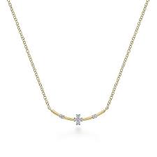 Lady's Yellow 14 Karat Modern Curved Bar Necklace Length 17.5 With 0.06Tw Round H/I Si2 Diamonds
