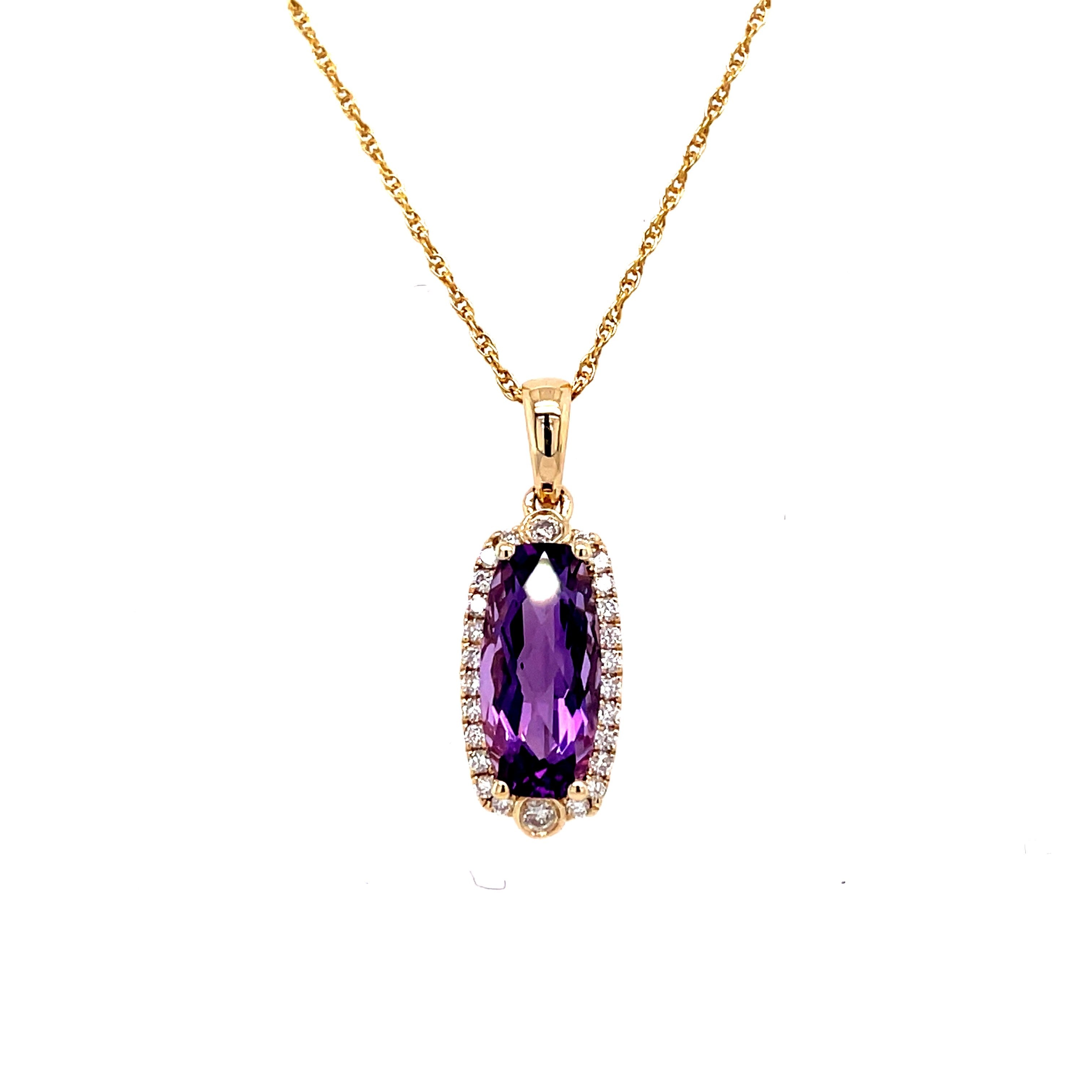 Lady's Yellow 14 Karat Elongated Fashion Pendant Necklace Length 16 one 0.94ct Retangular Cushion Amethyst
0.12tw Round G/H SI1 Diamonds