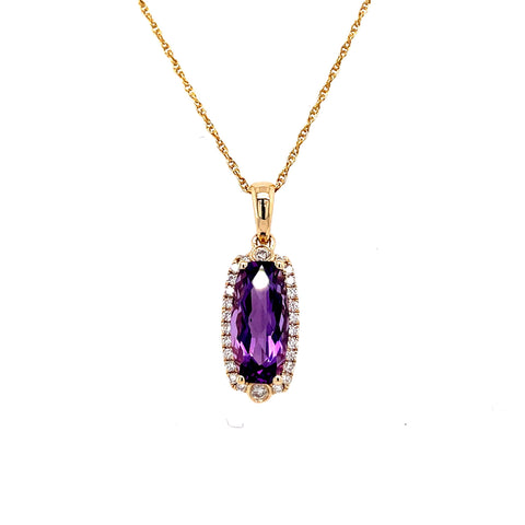 Lady's Yellow 14 Karat Elongated Fashion Pendant Necklace Length 16 one 0.94ct Retangular Cushion Amethyst
0.12tw Round G/H SI1 Diamonds