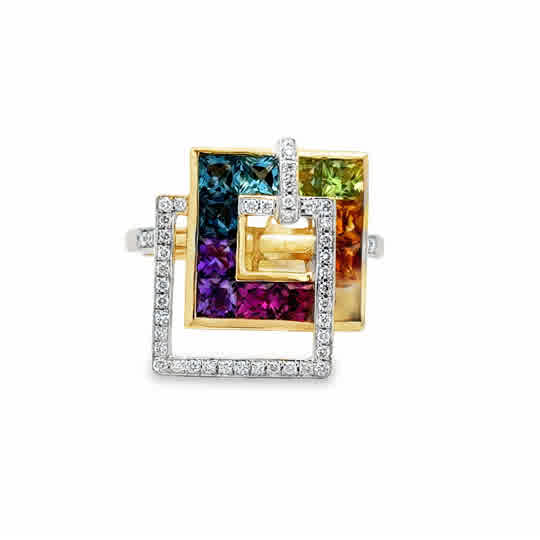 Lady's Yellow 14 Karat Square, Interlocked Malibu Nouveau Collection Fashion Ring = 2.40tw Princess Multi Stones
= 0.26tw Round G/H SI1 Diamonds