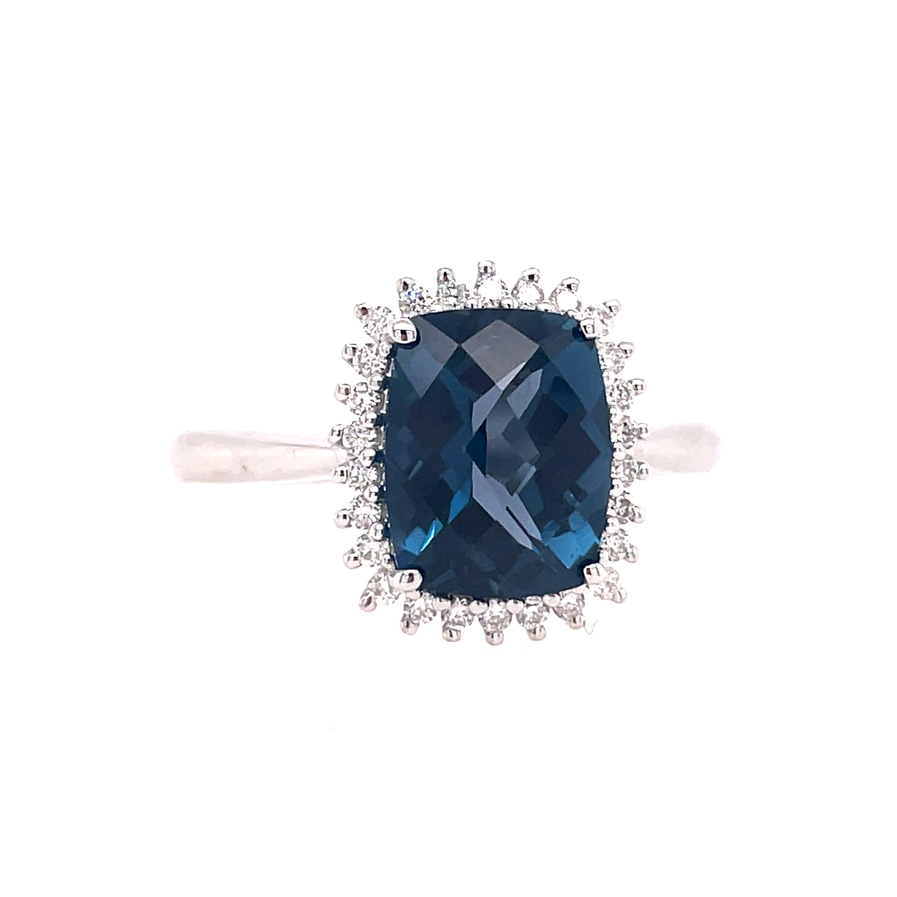 Lady's White 14 Karat Elongated Halo Fashion Ring Fashion Ring With One 2.74Ct Retangular Cushion Blue Topaz And 0.17Tw Round G/H Si1 Diamonds