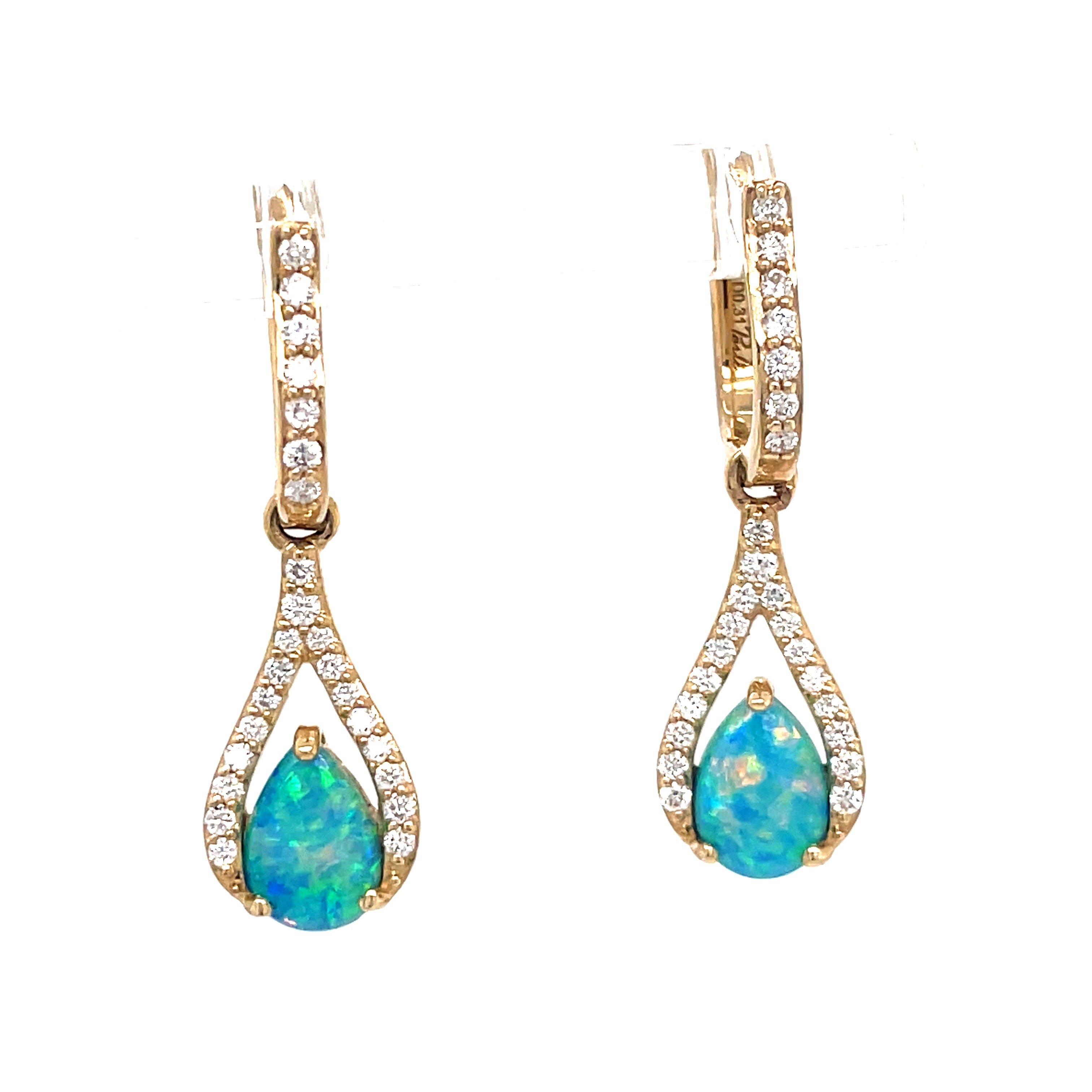 Lady's Yellow 14 Karat Teardrop Dangle Earrings With 2=0.80Tw Pear Opals And 0.31Tw Round G/H Si1 Diamonds