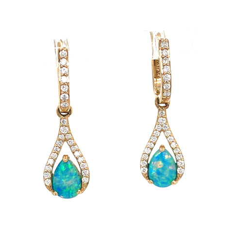 Lady's Yellow 14 Karat Teardrop Dangle Earrings With 2=0.80Tw Pear Opals And 0.31Tw Round G/H Si1 Diamonds
