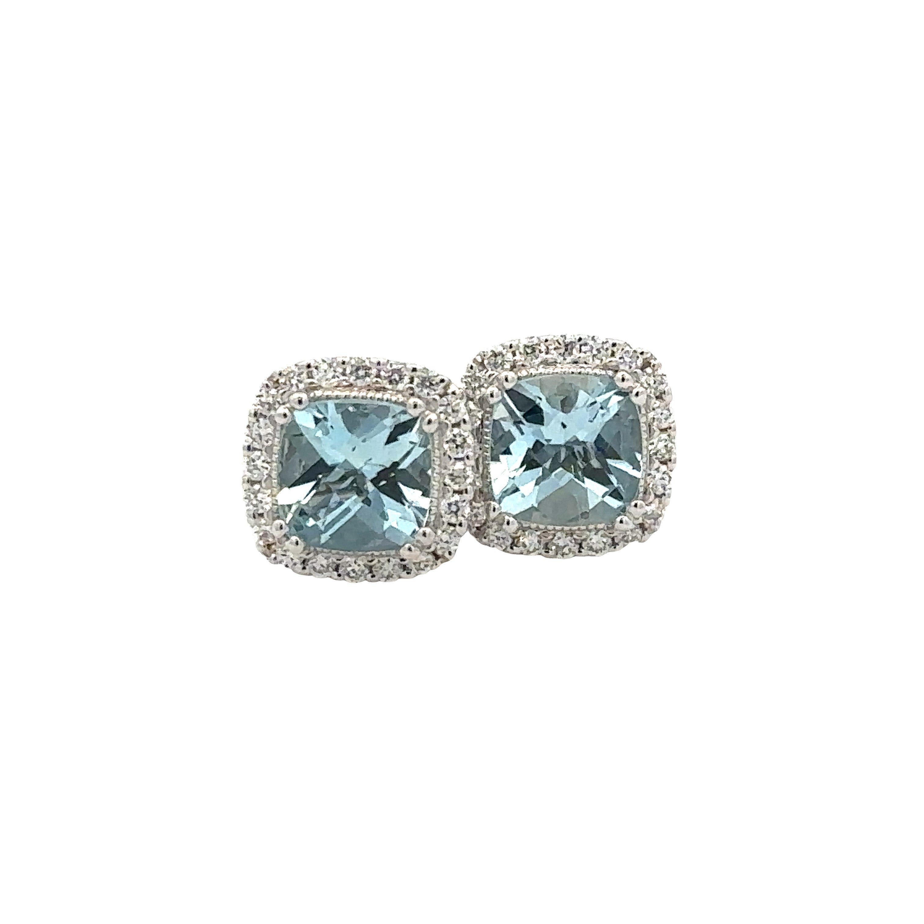 Lady's White 14 Karat Cushion Halo Stud Earrings With 2=1.53Tw Cushion Aquamarines And 0.25Tw Round G/H Si1 Diamonds