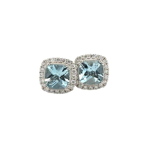 Lady's White 14 Karat Cushion Halo Stud Earrings With 2=1.53Tw Cushion Aquamarines And 0.25Tw Round G/H Si1 Diamonds