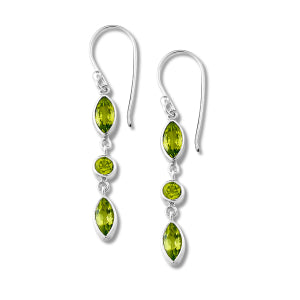 Lady's White Sterling Silver Bezel, Dangle Earrings With 6= Various Shapes Peridots