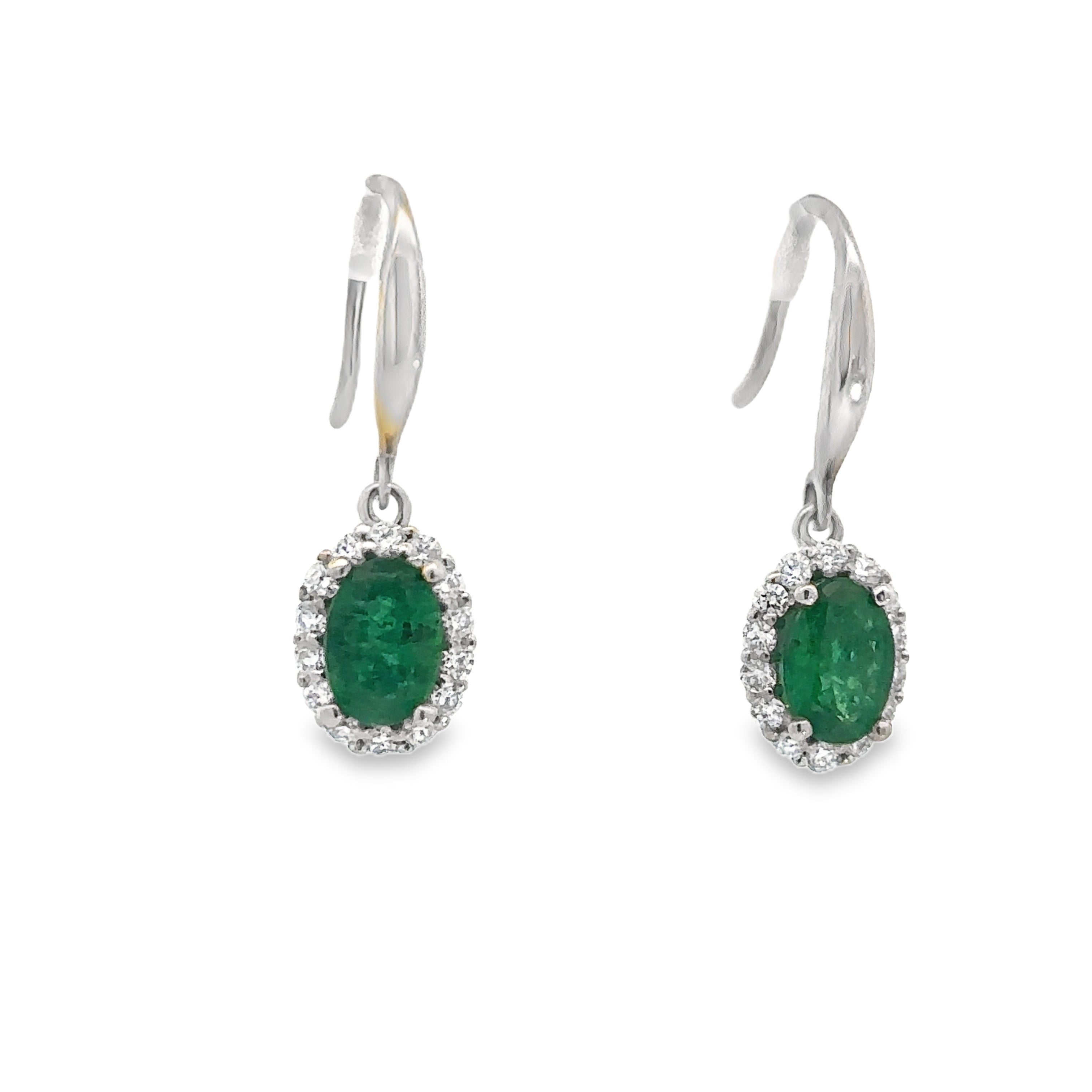 Lady's White 14 Karat Oval Halo, Dangle Earrings With 2=0.92Tw Oval Emeralds And 0.29Tw Round H/I Si2 Diamonds