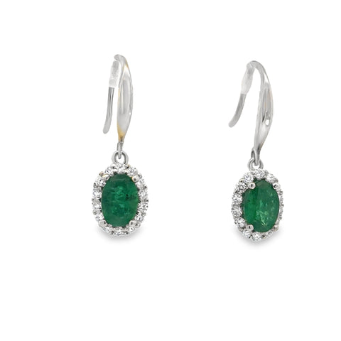 Lady's White 14 Karat Oval Halo, Dangle Earrings With 2=0.92Tw Oval Emeralds And 0.29Tw Round H/I Si2 Diamonds