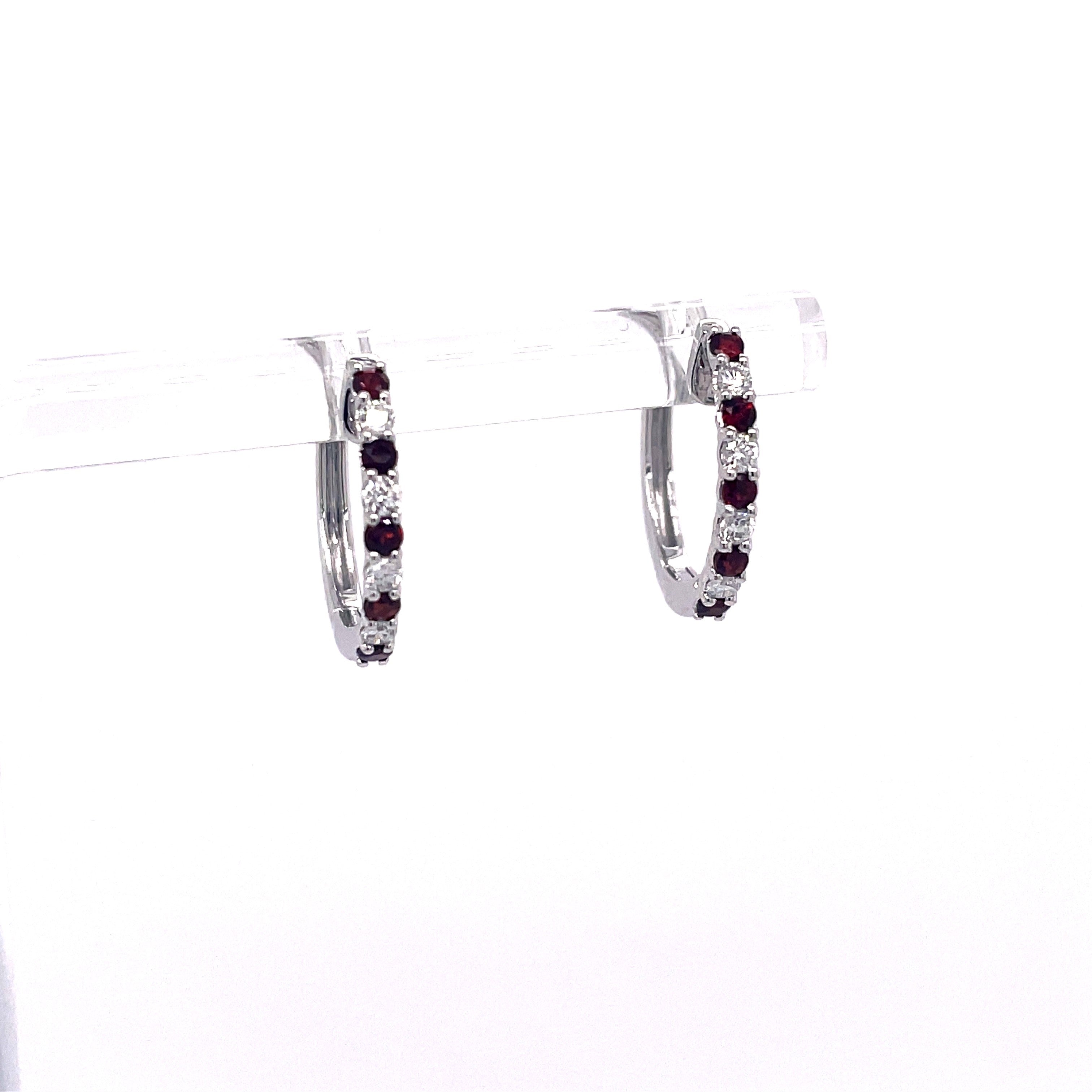 Lady's White 14 Karat Alternating Hoops Earrings With 10=0.24Tw Round Garnets And 8=0.13Tw Round H/I Si2 Diamonds