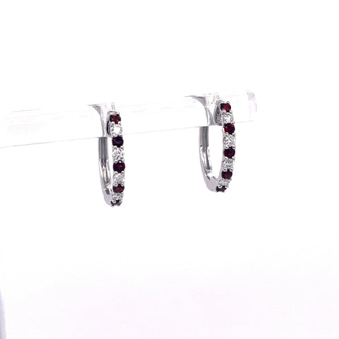 Lady's White 14 Karat Alternating Hoops Earrings With 10=0.24Tw Round Garnets And 8=0.13Tw Round H/I Si2 Diamonds