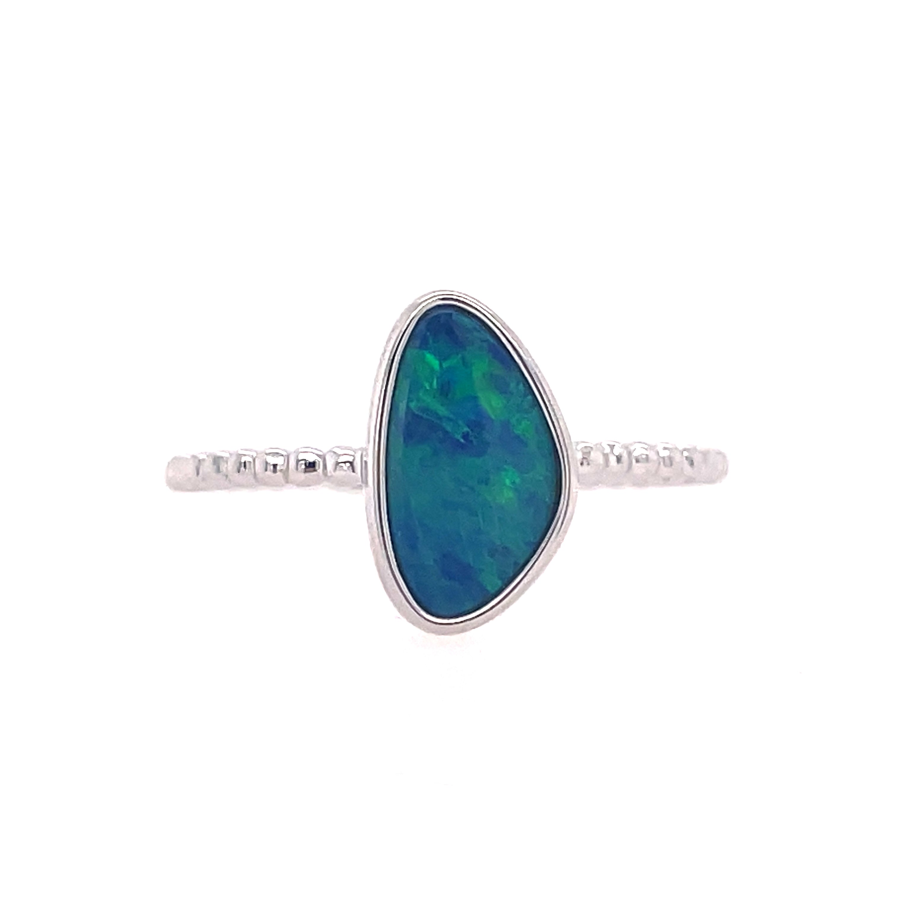 Lady's White 14 Karat Bezel Set Stackable With Beaded Band Fashion Ring With One Various Shapes Opal