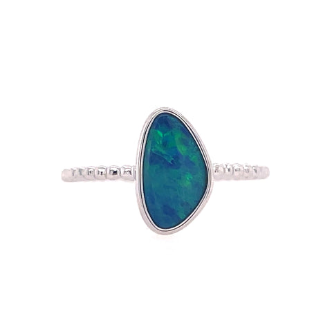 Lady's White 14 Karat Bezel Set Stackable With Beaded Band Fashion Ring With One Various Shapes Opal
