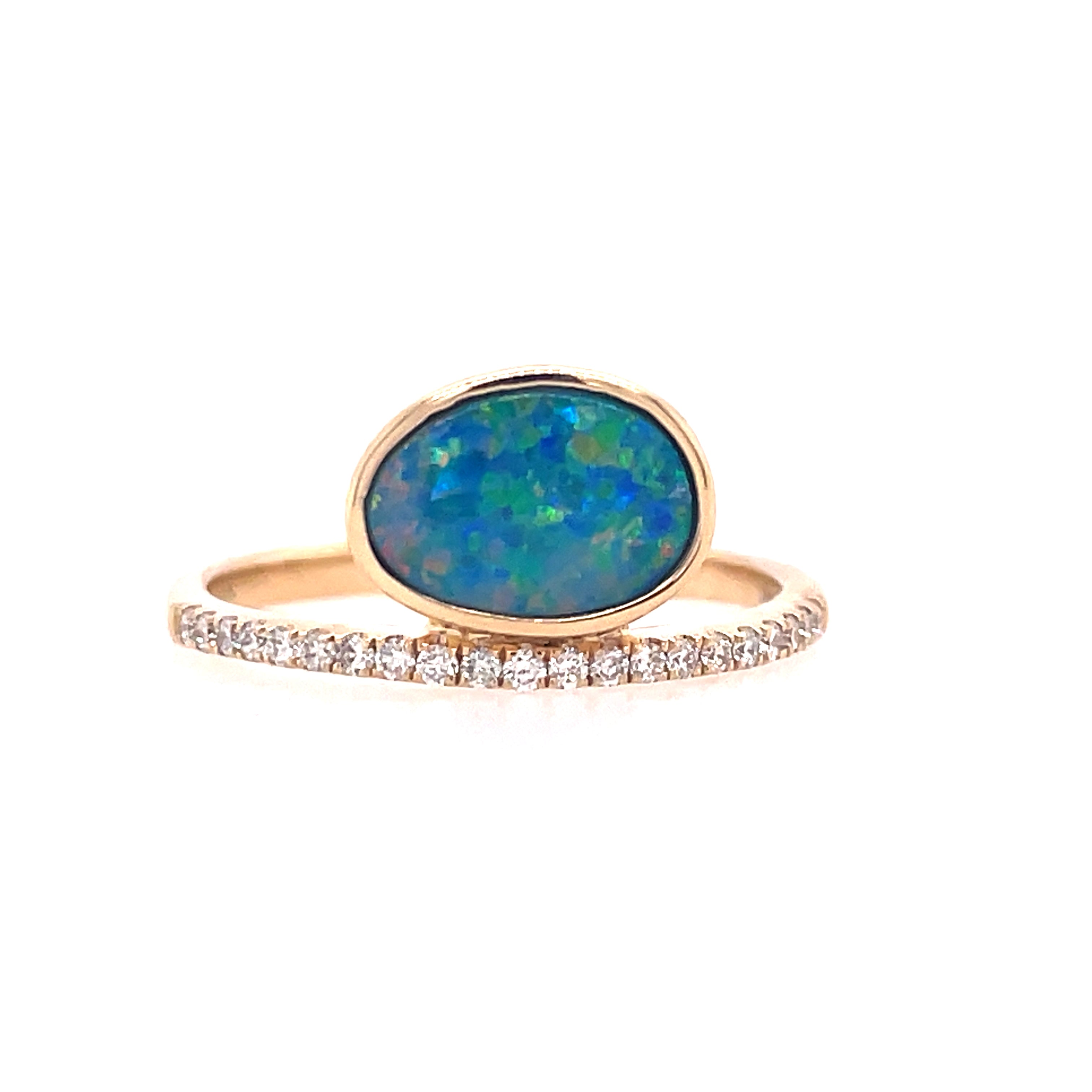 Lady's Yellow 14 Karat Prong Set And Bezel Stackable Fashion Ring With One Various Shapes Opal And 0.15Tw Round G/H Si1 Diamonds