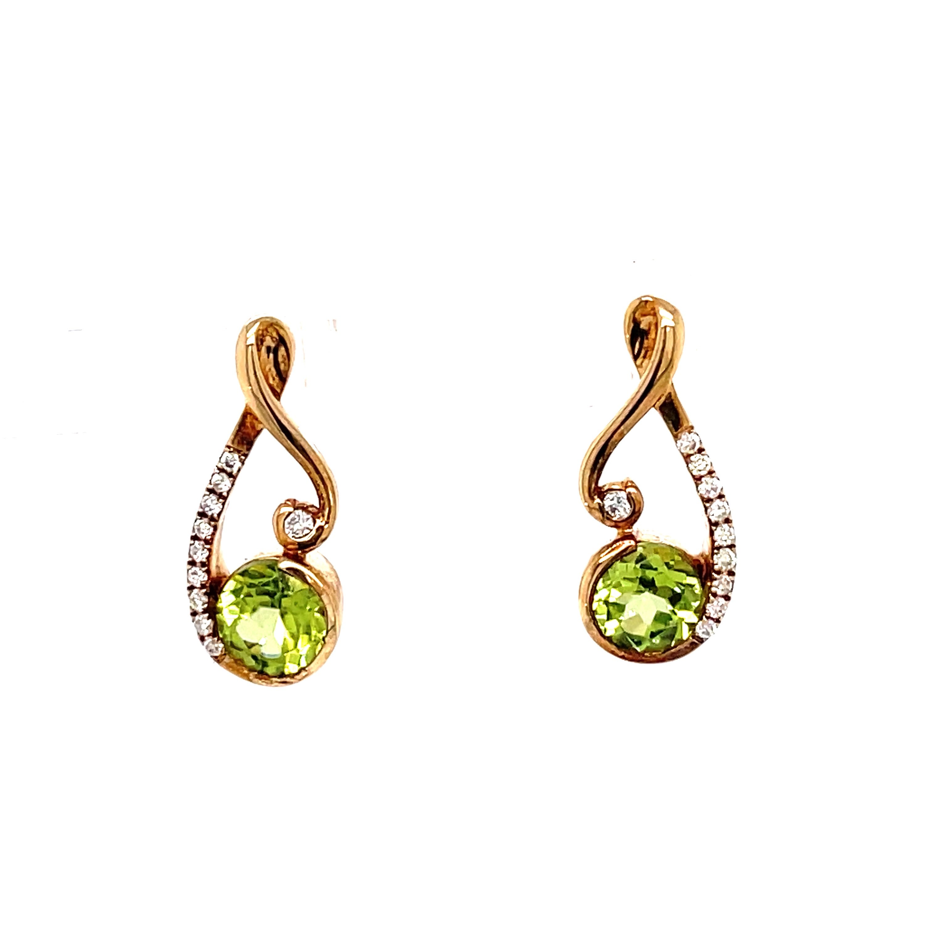 Lady's Rose 14 Karat Swirl Fashion Earrings Other With 2=0.90Tw Round Peridots And 0.09Tw Round G/H I1 Diamonds, Regularly $1300 Vendor Price $650

Purchases made from our Vendor Price case are not eligible for "complimentary" services. Standard ring si