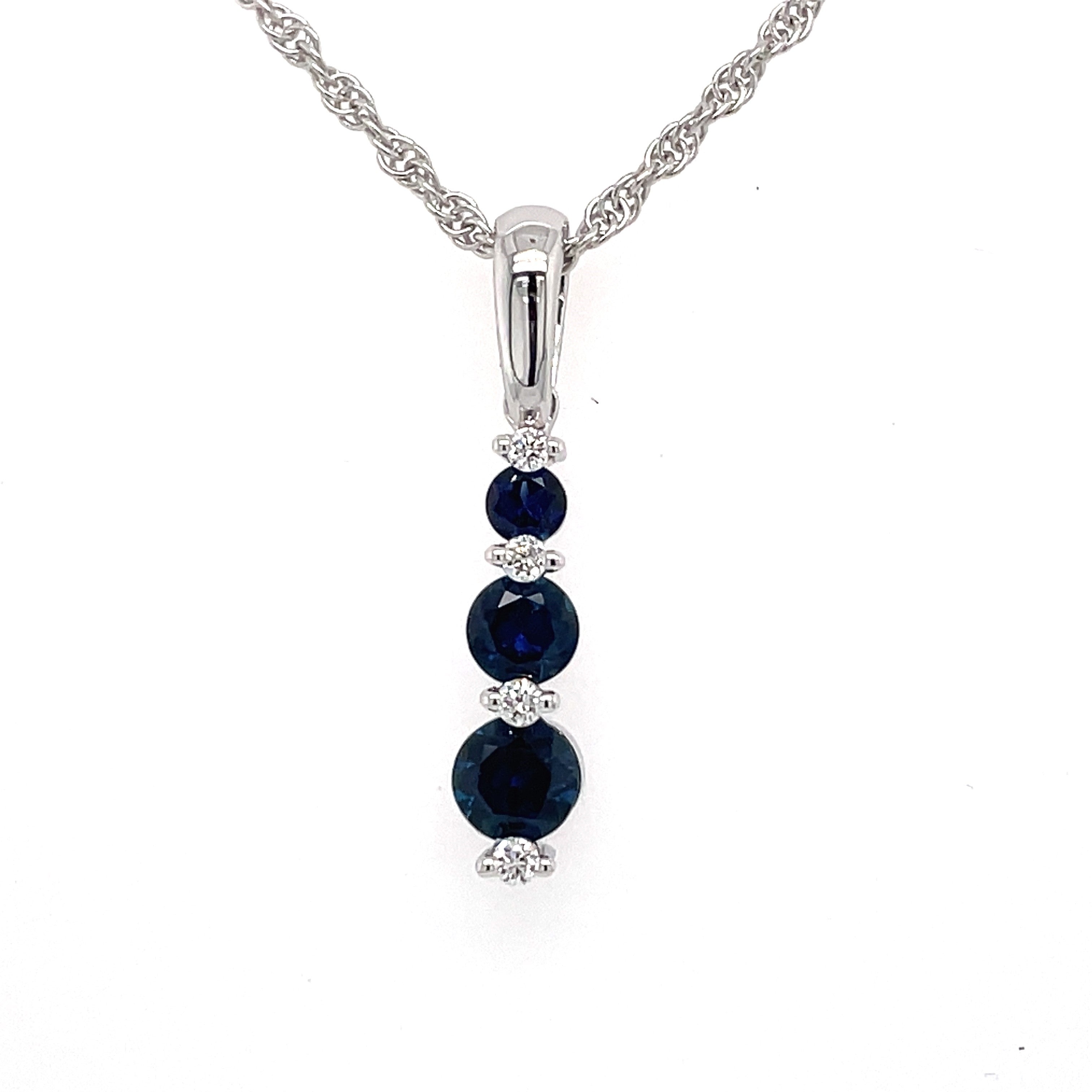 Lady's White 14 Karat Fashion Dangle Necklace With 3 0.55Tw Round Sapphires And 0.05Tw Round G/H Si2 Diamonds