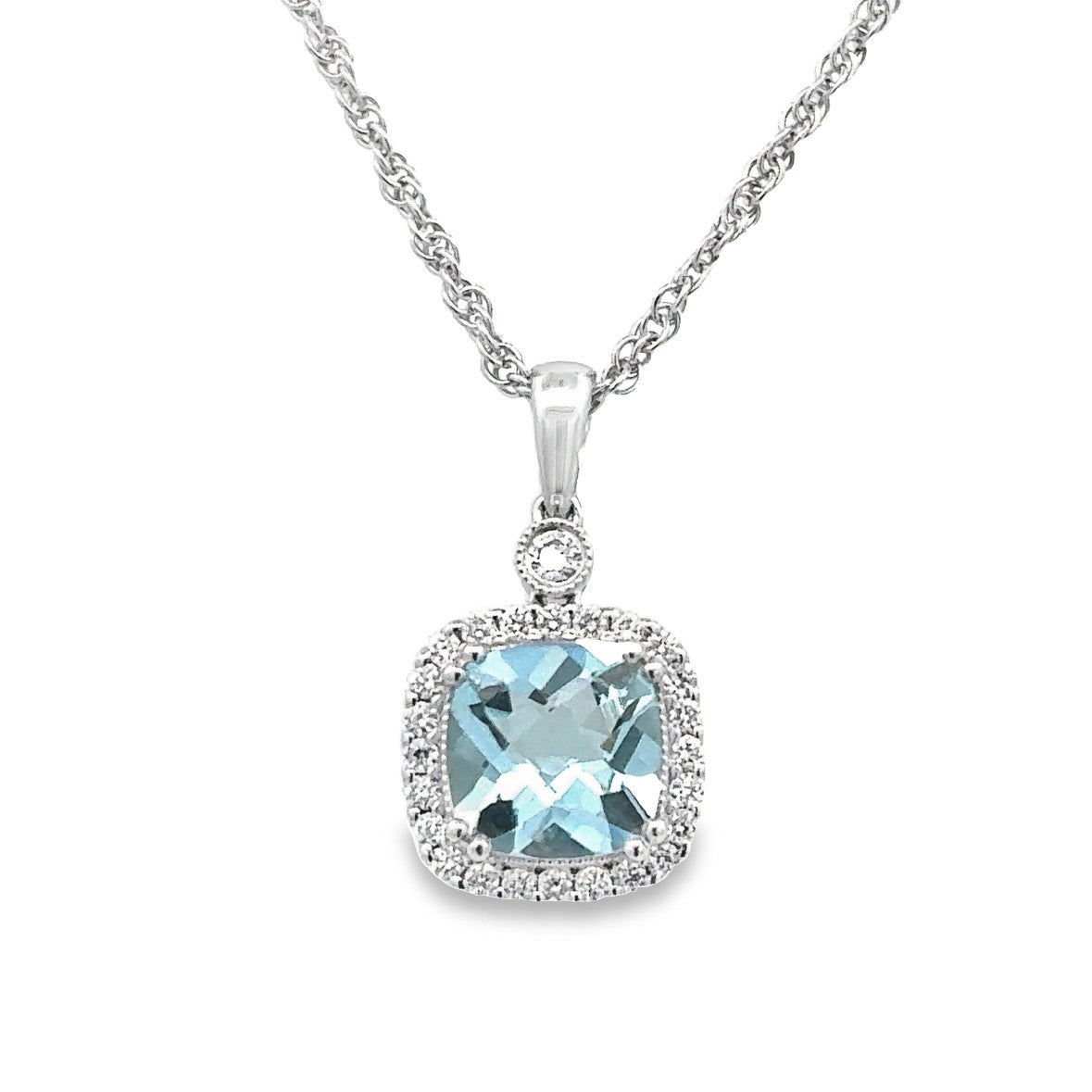 Lady's White 14 Karat Cushion Halo Necklace one 1.22ct Cushion Aquamarine
0.17tw Round G/H SI1 Diamonds