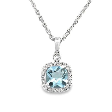 Lady's White 14 Karat Cushion Halo Necklace one 1.22ct Cushion Aquamarine
0.17tw Round G/H SI1 Diamonds