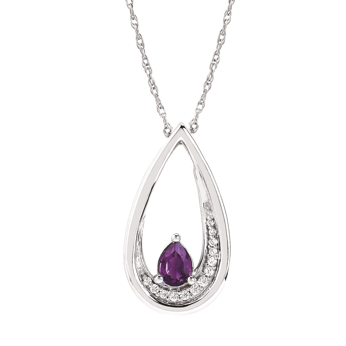 Lady's White Sterling Silver Teardrop Necklace Length 18 With One 0.39Ct Pear Amethyst And 0.06Tw Round H/I Si2 Diamonds