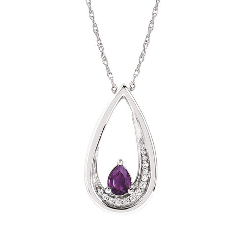Lady's White Sterling Silver Teardrop Necklace Length 18 With One 0.39Ct Pear Amethyst And 0.06Tw Round H/I Si2 Diamonds
