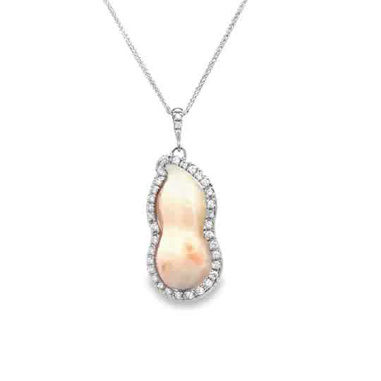 Lady's White 14 Karat Custom Halo With Twin Conch Pearl Necklace Length 18 0.50Tw Round G/H Si1 Diamonds On A 14 Karat White Gold Quadra Wheat Chain.

"Essence Of Growth"
This Name Emphasizes The Necklace's Representation Of Growth And Personal Strengt