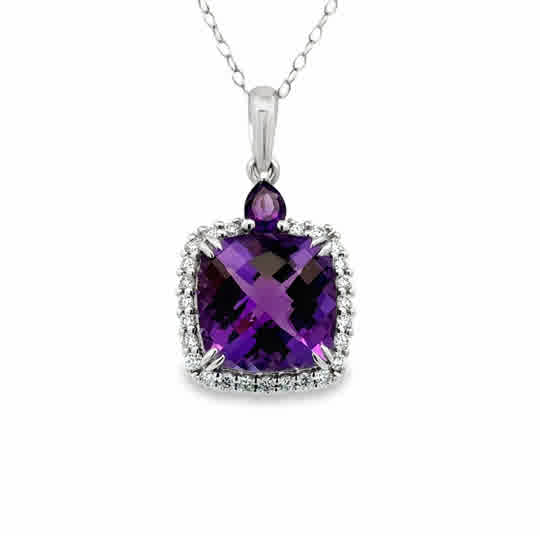 Lady's White 14 Karat Square, Forever Young Necklace Length 18 one = 3.84ct Various Shapes Amethyst
= 0.24tw Round G/H SI1 Diamonds
