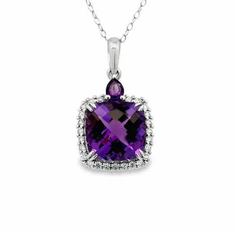 Lady's White 14 Karat Square, Forever Young Necklace Length 18 one = 3.84ct Various Shapes Amethyst
= 0.24tw Round G/H SI1 Diamonds
