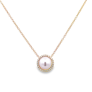 Lady's Yellow 14 Karat Halo, Solitaire Style Necklace Length 18 With One Cultured Pearl And 0.08Tw Round G/H Si1 Diamonds