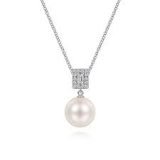 Lady's White 14 Karat Dangle Drop Necklace Length 17.5 With One Fresh Water Pearl, 0.06Tw Round H/I Si2 Diamonds And 0.06 Twt Other Stones