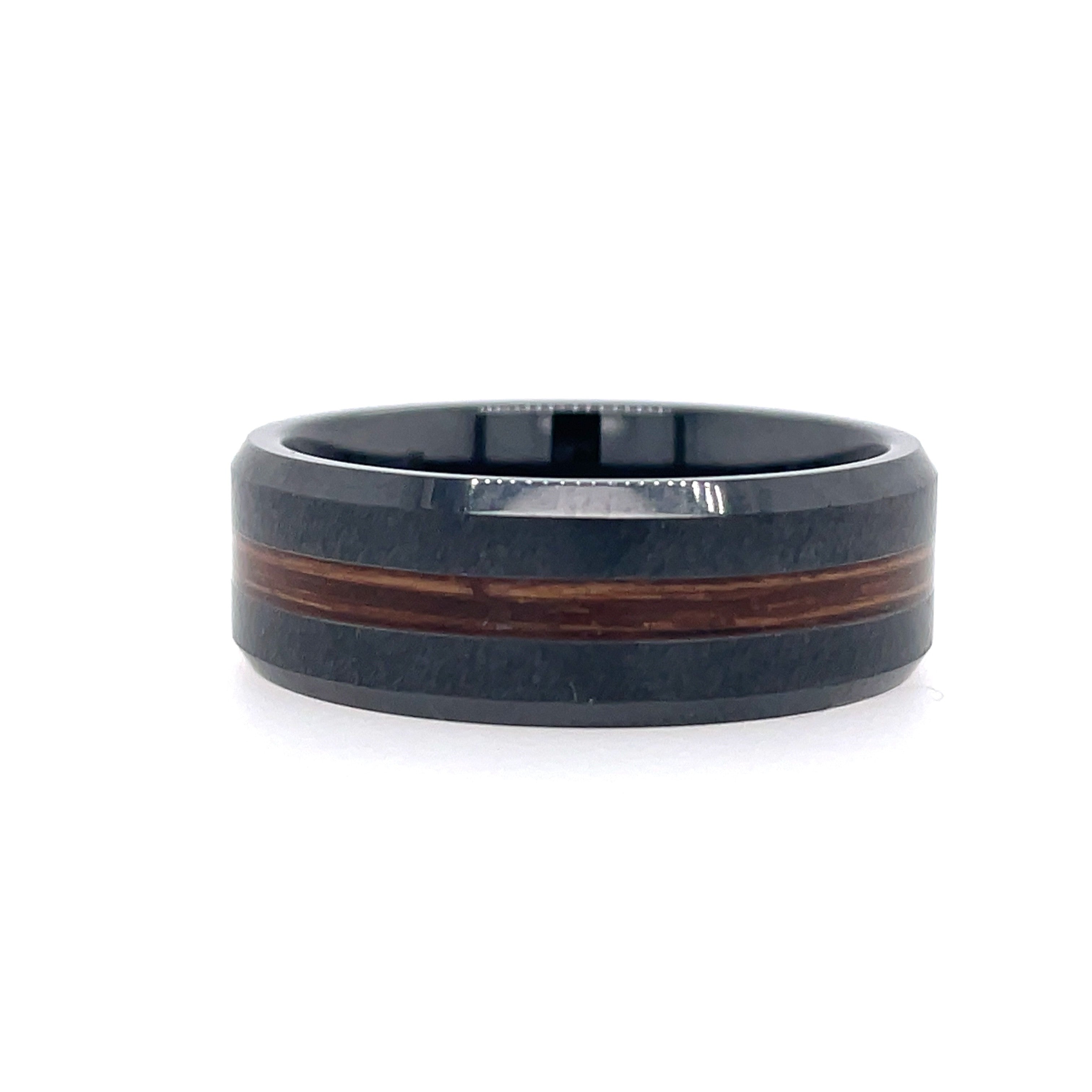 Gent's Black Ceramic 8Mm With Beveled 2Mm Bourbon Grain Edge Gents Ring Size 11.5