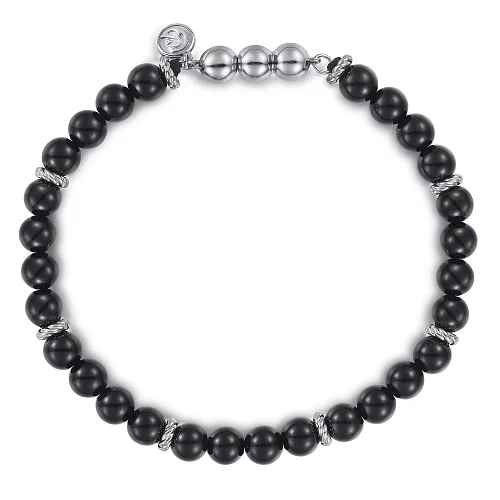 White Sterling Silver Bead Bracelet With Silver Stations Bracelet Length 8 With Round Onyxs