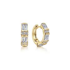 Lady's Yellow 14 Karat Contemporary Hoop Earrings With 0.95Tw Baguette G/H Vs2 Diamonds And 0.17Tw Round G/H Si2 Diamonds