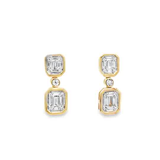 Lady's Yellow 14 Karat Bezel Dangle Earrings With = 0.38Tw Baguette G/H Vs2 Diamonds And = 0.07Tw Round G/H Si1 Diamonds