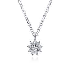 Lady's White 14 Karat Cluster Flower Pendant Length 17.5 With 0.12Tw Round H/I Si2 Diamonds