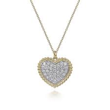 Lady's Yellow 14 Karat Pave' Beaded Heart Pendant Length 17.5 With 0.51Tw Round G/H Si2 Diamonds