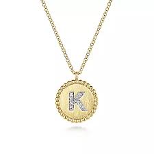 Lady's Yellow 14 Karat Round Initial Medallion "K" Pendant Length 17.5 With 0.06Tw Round H/I Si2 Diamonds