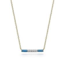 Lady's Yellow 14 Karat Bar With Blue Enamel Pendant Length 17.5 With 0.06Tw Round H/I Si2 Diamonds
