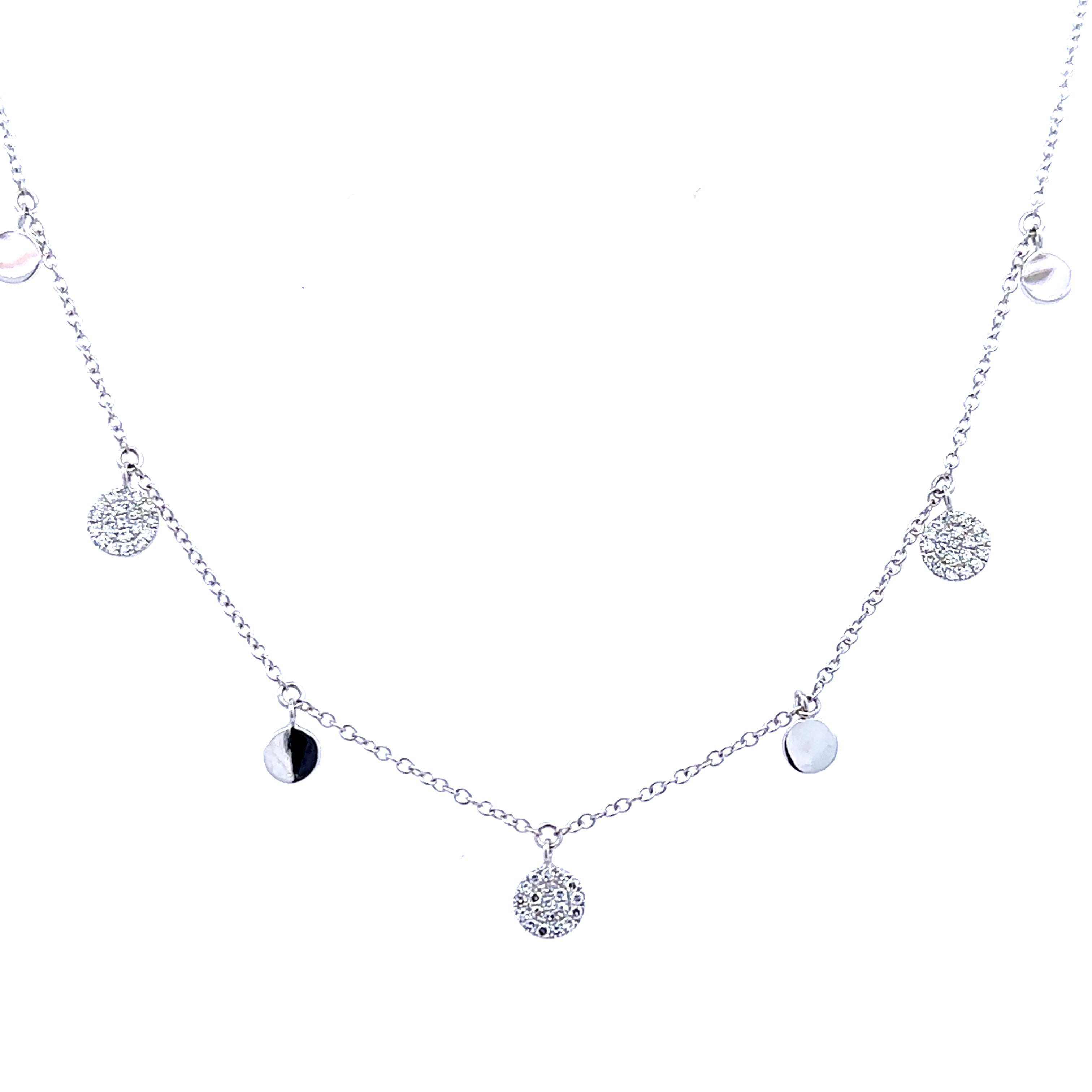 Lady's White 14 Karat Charm Disc, Bolo Necklace Length 18 With 0.18Tw Round G/H Si1 Diamonds