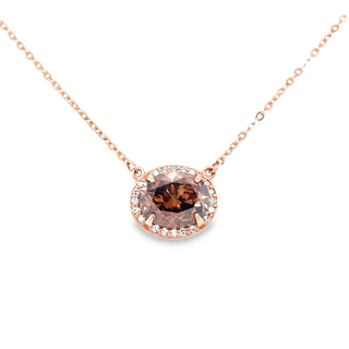 Lady's Rose Polished 14 Karat Oval Halo Stationary Pendant Necklace With One 2.19Ct Cushion Champagne Diamond And 0.09Tw Round H/I Si2 Diamonds;