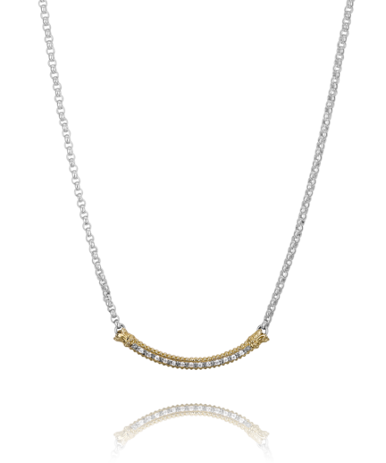 Lady's Tt Sterling Silver/14Kt Curved Bar Soldered Sationary To Cable Link Chain Vahan Necklace Length 18 With 0.13Tw Round G/H Si1 Diamonds