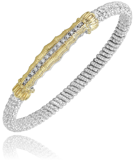 Lady's Tt Polished Sterling Silver/14Kt 6Mm Closed Band Bracelet With Scallop Bar Center Bracelet With 0.13Tw Round G/H Si1 Diamonds