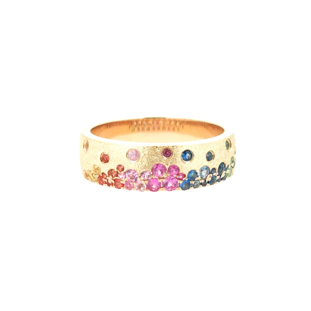 Lady's Yellow 14 Karat Flush Set, 5.75Mm Fashion Ring Size 6.5 With 0.62Tw Round Sapphires And Round Tsavorite Garnets