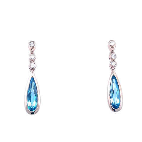 Lady's Yellow 14 Karat Teardrop Dangle Earrings With 2=1.80Tw Pear Blue Topazs And 0.10Tw Round G/H Si1 Diamonds