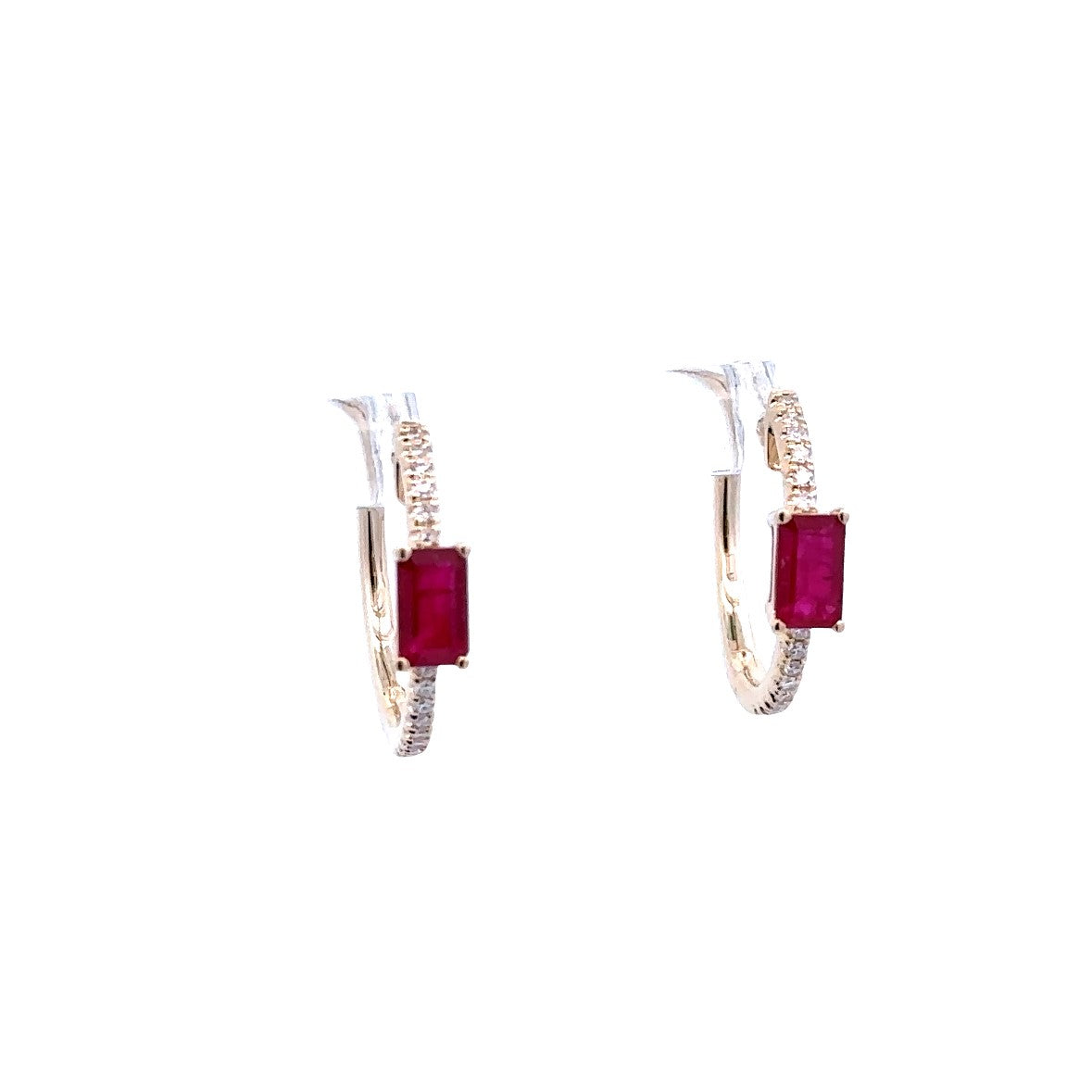 Lady's Yellow 14 Karat Hoop Earrings With 2=0.65Tw Emerald Rubys And 0.11Tw Round G/H Si1 Diamonds