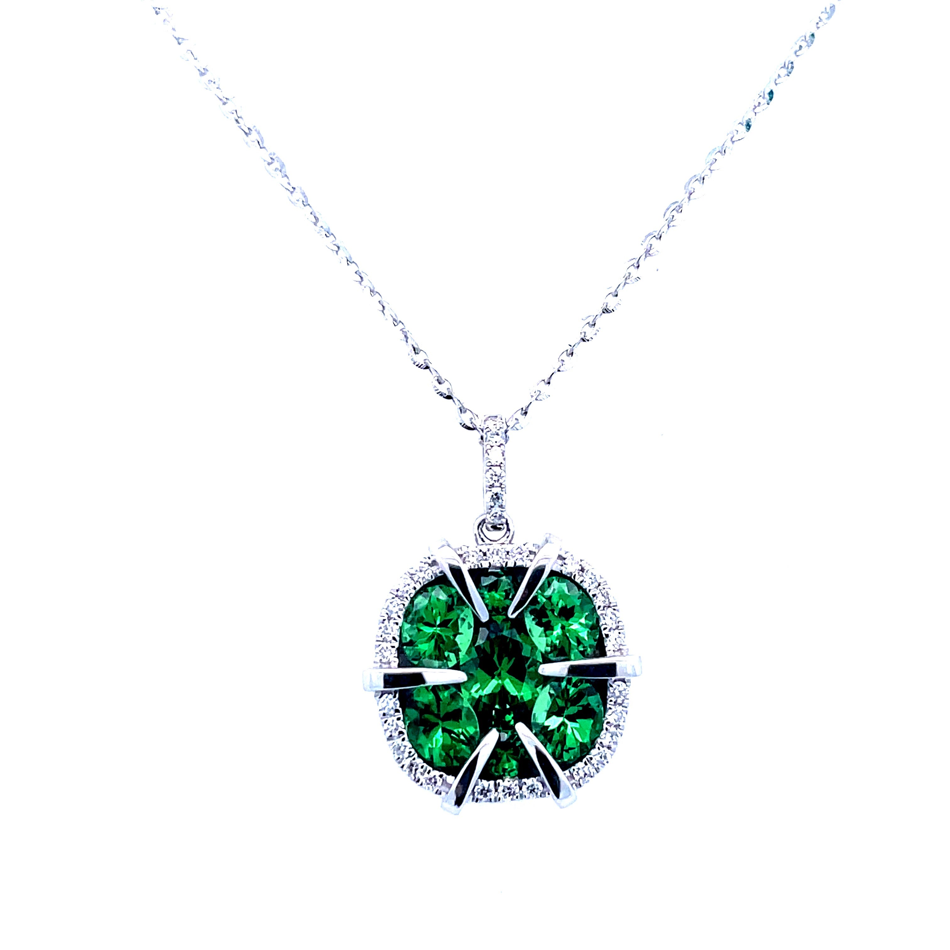 Lady's White 14 Karat Modern Halo Necklace Length 18 With 1.25Tw Various Shapes Tsavorite Garnets And 0.12Tw Round G/H Si1 Diamonds
