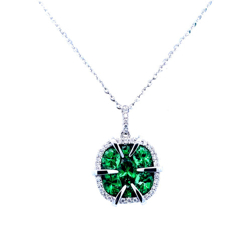 Lady's White 14 Karat Modern Halo Necklace Length 18 With 1.25Tw Various Shapes Tsavorite Garnets And 0.12Tw Round G/H Si1 Diamonds