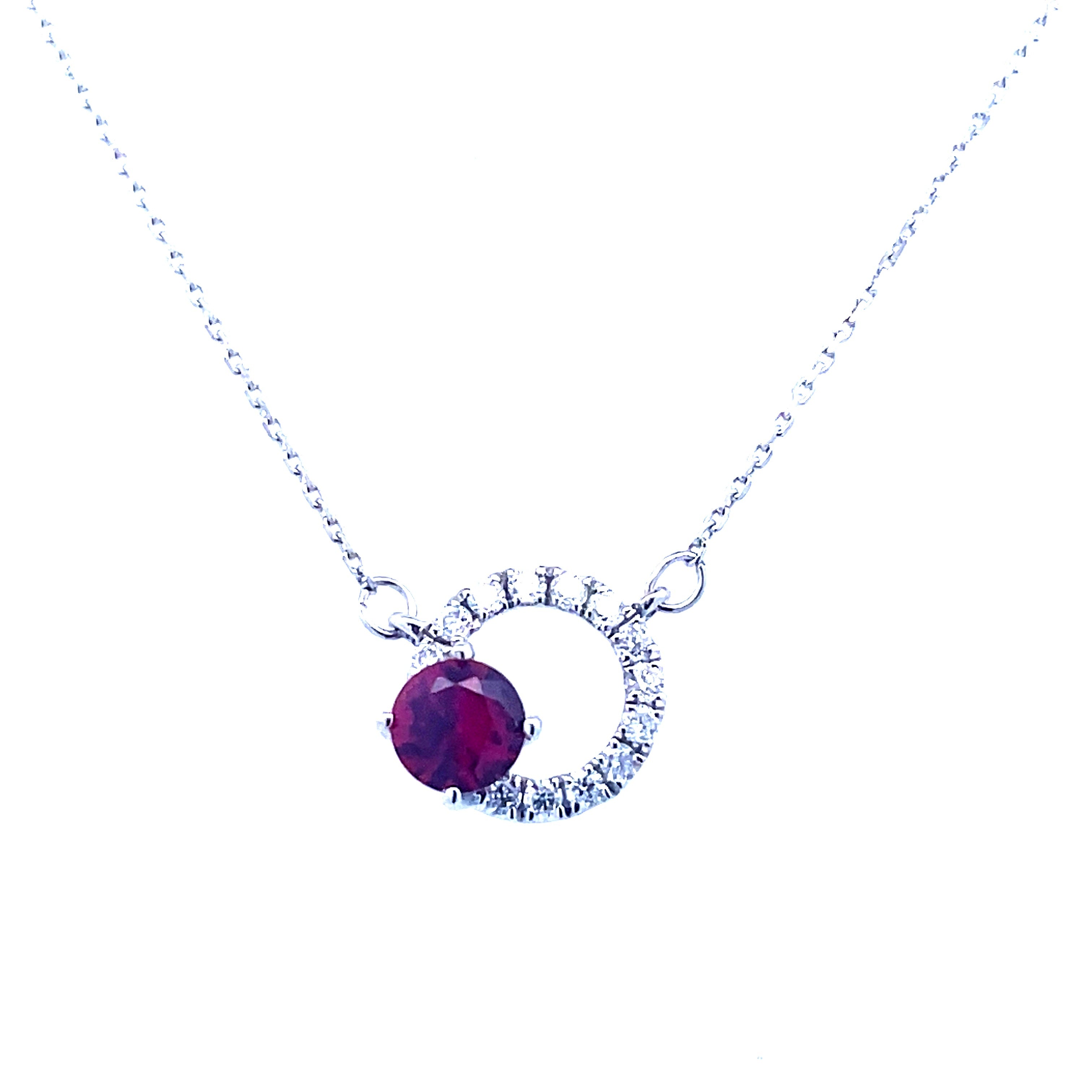 Lady's Whtie 14 Karat Stationary Circle, With Accent Necklace Length 18 With One 0.22Ct Round Ruby And 0.08Tw Round G/H Si1 Diamonds