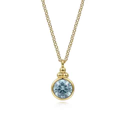 Lady's Yellow 14 Karat Round Bezel, Bujukan Necklace Length 17.5 With One 1.05Ct Round Blue Topaz